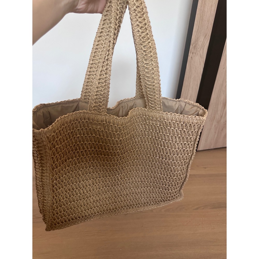 HM Straw Tote Bag Tan Beige Woven Paper Summer Beach Handbag P/N 10585217